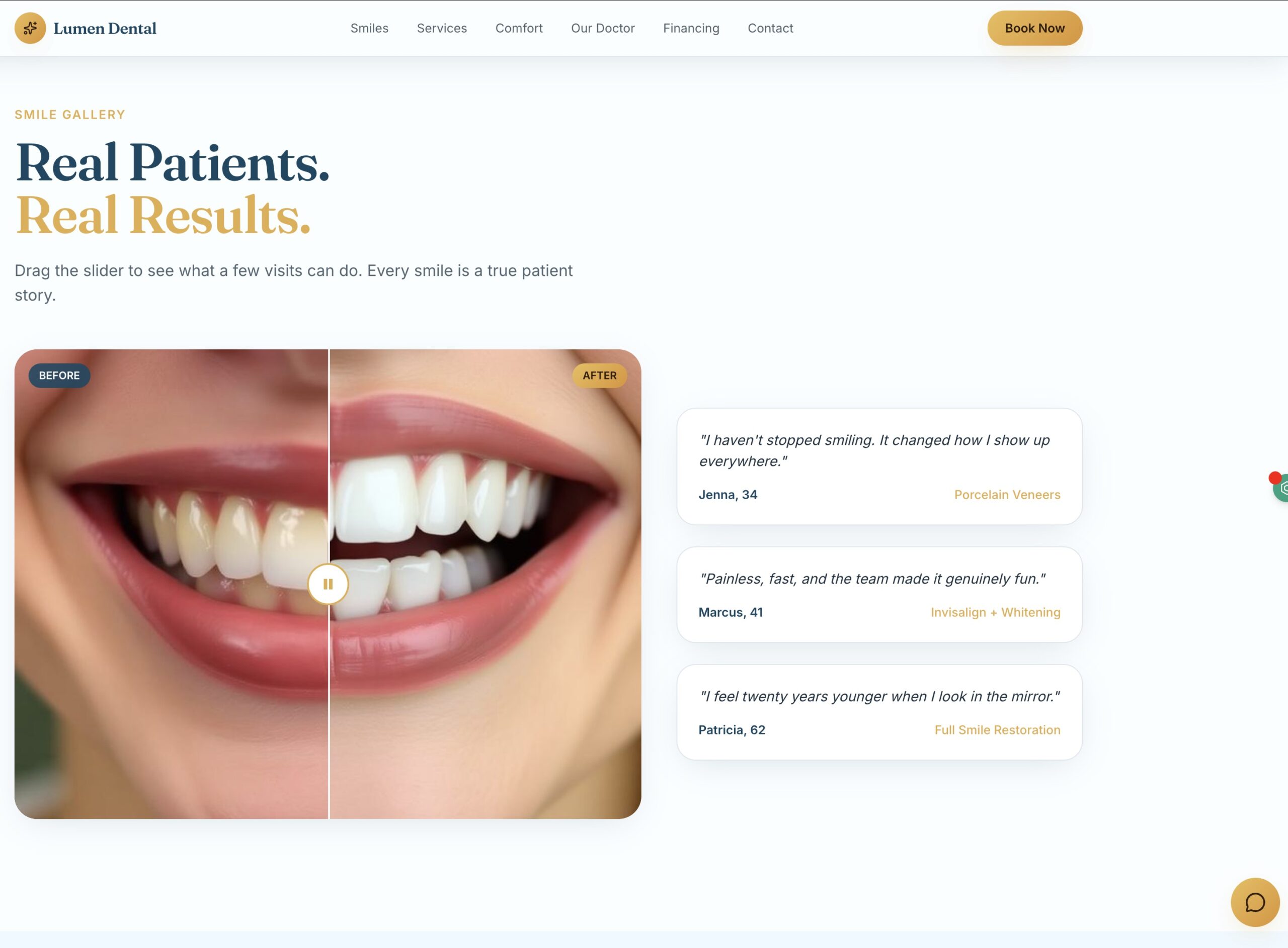 Premium dental website with smile gallery and online appointment booking
